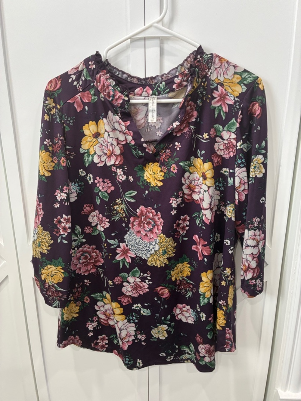 Floral Mock Neck 3/4 Sleeve Top - Purple